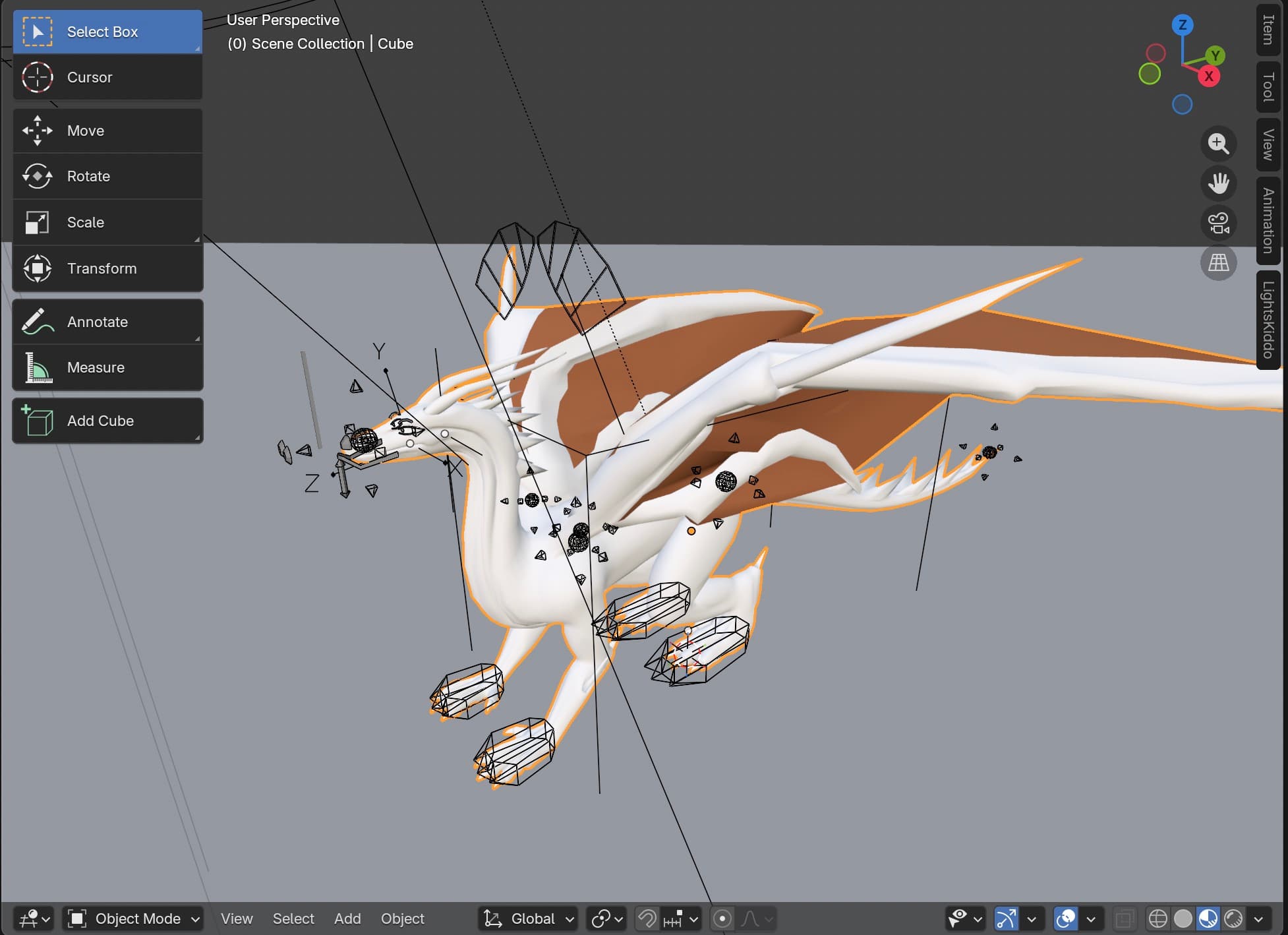 A dragon model open in Blender, handed off to LightsKiddo