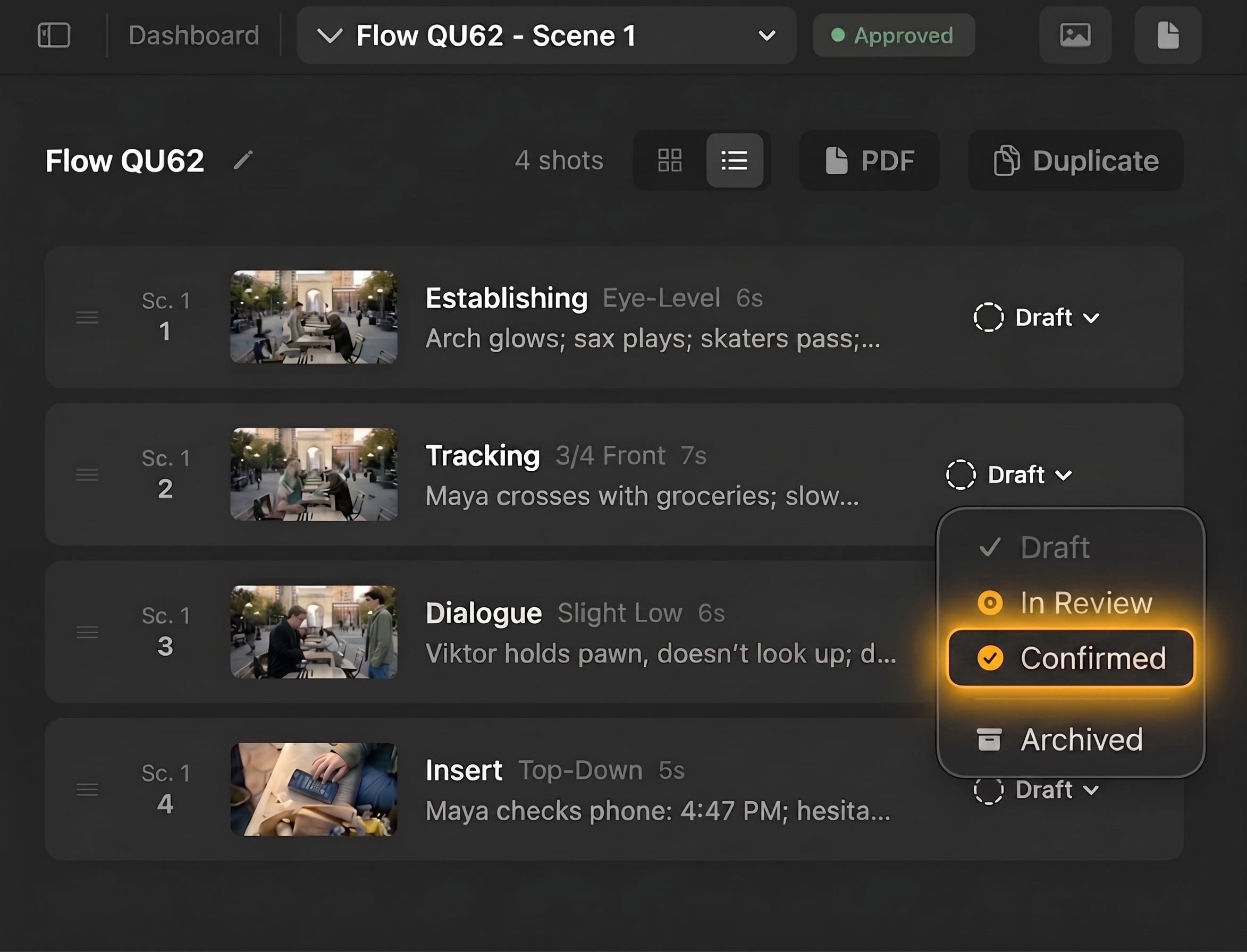 Shot list with a status dropdown — Draft, In Review, Confirmed, Archived — highlighting Confirmed