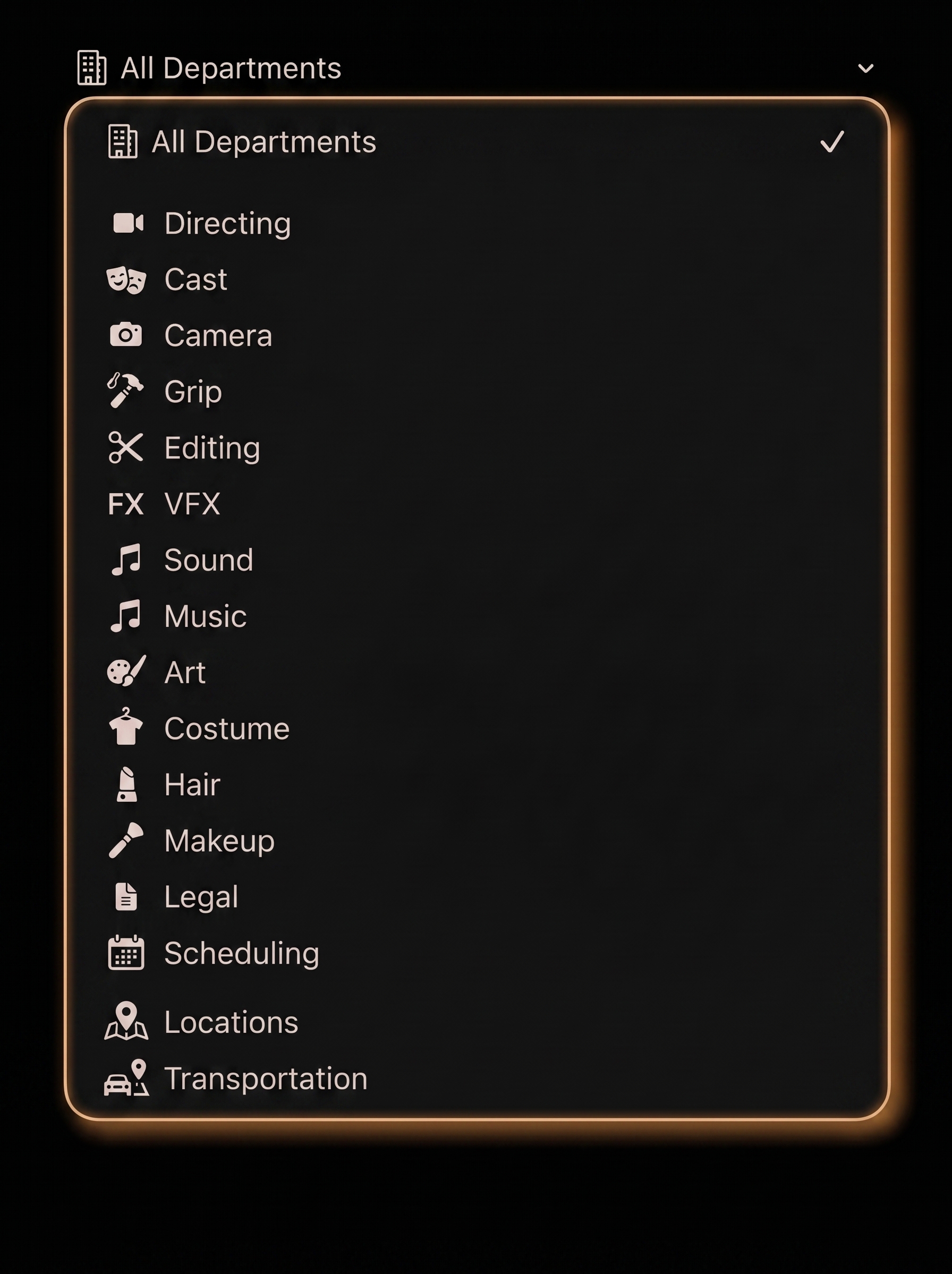 All Departments picker — Directing, Cast, Camera, VFX, Editing, Sound & Music, Grip, Art, Costume, Hair & Makeup, Legal & Scheduling, Locations & Transportation